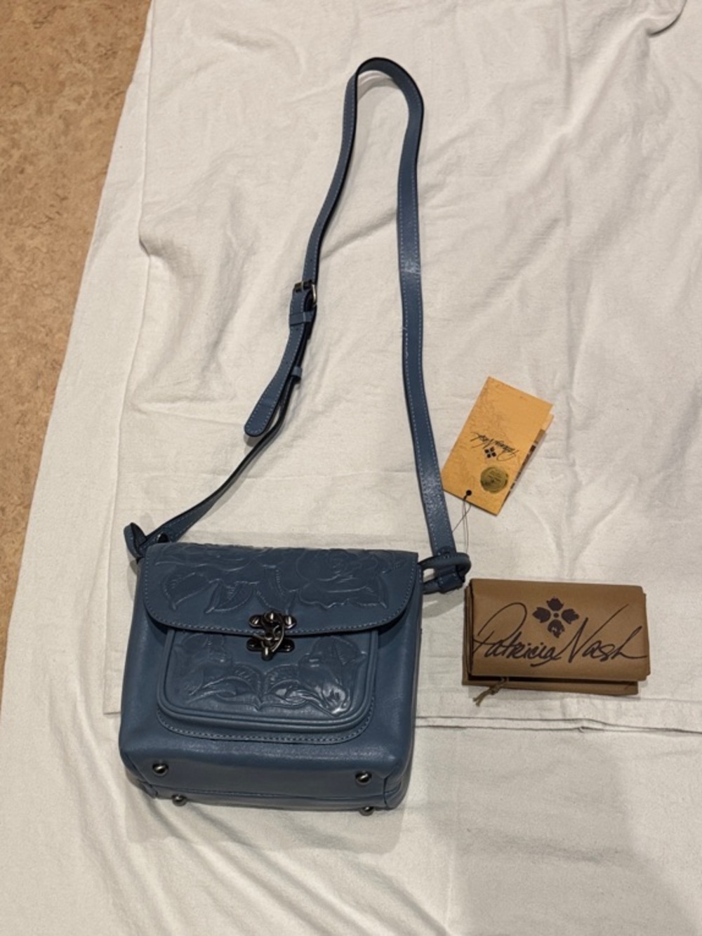 Patricia Nash Safflower Blue Embossed Leather Crossbody Bag